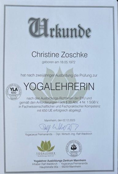 Zertifikat Hatha Yoga Lehrerin Ausbildung zur Hatha Yoga Lehrerin