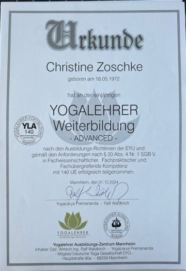 Zertifikat Weiterbildung Hatha Yoga Lehrerin Weiterbildung Hatha Yoga Lehrerin